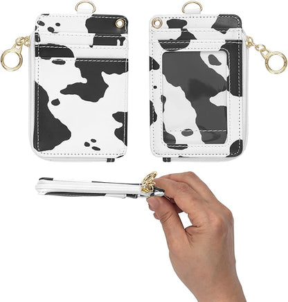 MONDO DESIGNS 2-in-1 ID Badge Holder & Lanyard Wallet - Multi-Use Womens Small Wallet with Removable Wristlet & Neck Lanyard, Clear Window, 5 Card Slots, Phone Holder, Ring Keychain - Cow