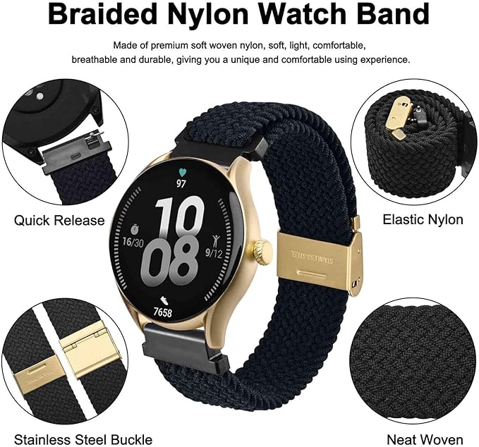 WOCCI 18mm Braided Nylon Watch Band for Men and Women, Quick Release, Golden Stainless Steel Buckle (Black)