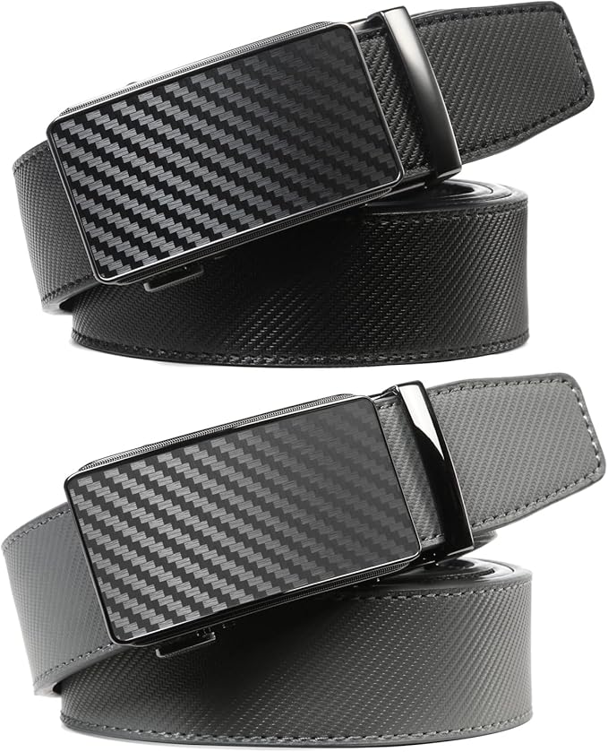 2 Pack Ratchet Belt 1 3/8", Mens leather Dress Belt in Gift Set Size 28"-62" Adjustable waist Trim to Fit