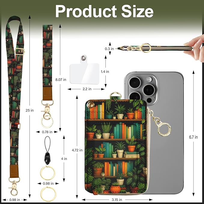 Bookshelf Lanyard Wallet with ID Badge Holder,Small RFID Women Keychain Wristlet,Cute Zipper Credit Pocket Phone Wallet Lanyard Wrist Strap Office Teacher Gift