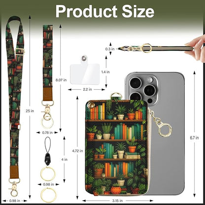 Bookshelf Lanyard Wallet with ID Badge Holder,Small RFID Women Keychain Wristlet,Cute Zipper Credit Pocket Phone Wallet Lanyard Wrist Strap Office Teacher Gift