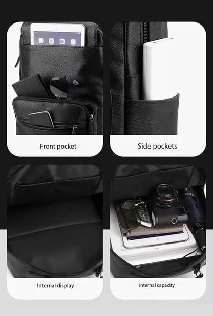 Business Men and Women PU Leather Backpack 15.6inch Laptop Waterproof Backpack Travel Commuter Lightweight schoolbag (Black backpack4,Large)