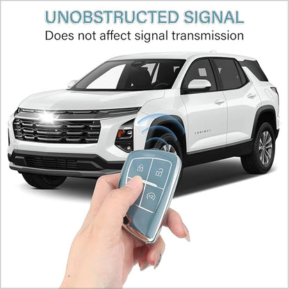 QBUC for Chevy Key Fob Cover with Keychain Soft TPU Protection Case Compatible with 2021-2026 Chevy Colorado Equinox Silverado GMC Canyon Sierra Terrain 4-Buttons(Chrome Trim Blue)