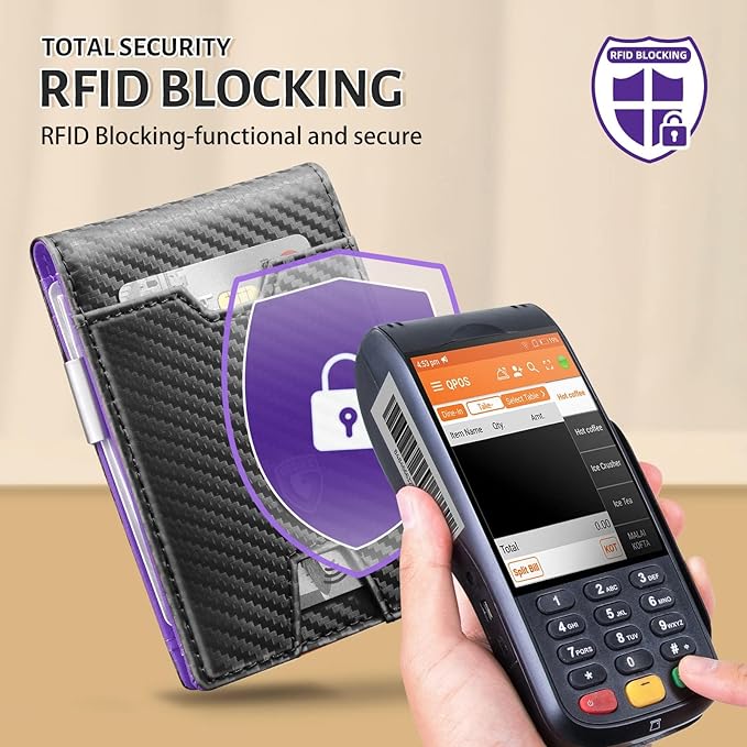 GSOIAX Men's Slim RFID Blocking Leather Wallet with Money Clip | Minimalist Carbon Fiber Bifold Credit Card Holder | 11 Card Slots | Gift Box Included(Carbon Purple)