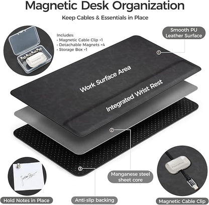Magnetic Desk Mat System with Wrist Support 80×40cm, Premium Leather Desk Pad with Magnetic Accessories, Waterproof Non-Slip Desk Organizer for Office & Gaming