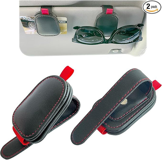 2 Pack Sunglasses Holder for Car Visor, Magnetic Leather Eyeglass Clip, Applicable to Most Eyeglasses,Ticket，Notes and Non-Magnetic Cards, etc. (Black)