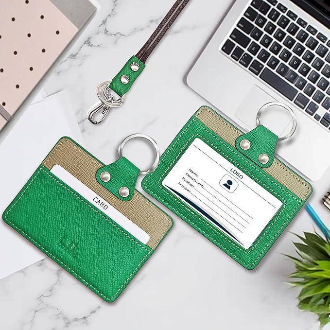 Badge Holder: Boshiho Cowhide Leather ID Badge Card Holder with 19" Neck Lanyard, Horizontal Style (Green-Gray)