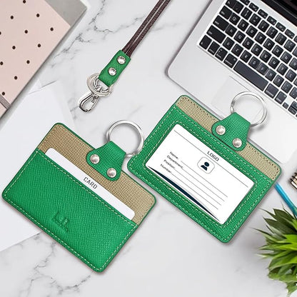 Badge Holder: Boshiho Cowhide Leather ID Badge Card Holder with 19" Neck Lanyard, Horizontal Style (Green-Gray)