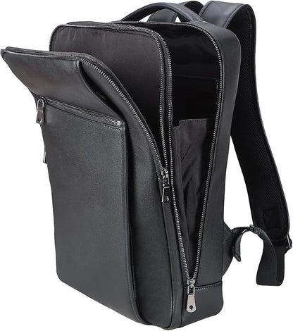 Masa Kawa Slim Genuine Leather Business Backpack 15.6" Laptop Bag for Men Women Office Work Travel Small Thin Computer Casual Daypack, Black