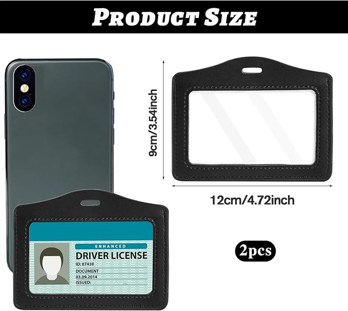 2 Pack Genuine Leather ID Badge Holders, Horizontal ID Card Holders with Single-Side Clear Window, Waterproof Name Badge Holde Suit for Office, Staff, Students, Employees (Black&Black)