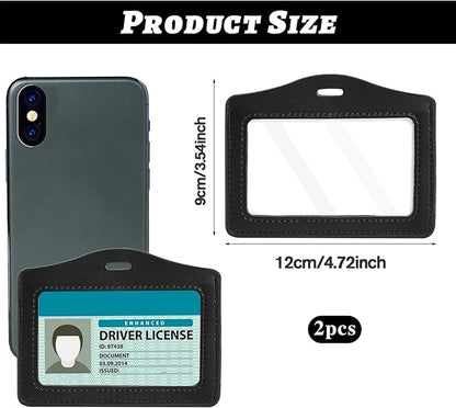 2 Pack Genuine Leather ID Badge Holders, Horizontal ID Card Holders with Single-Side Clear Window, Waterproof Name Badge Holde Suit for Office, Staff, Students, Employees (Black&Black)