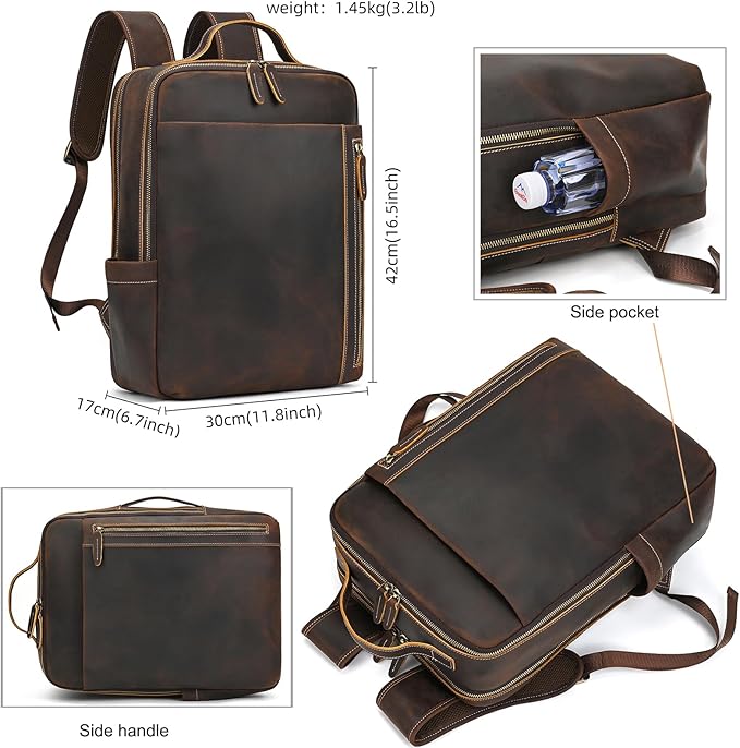 LUUFAN Genuine Leather Shoulder Bag for Men, Casual Backpack Laptop Rucksack Business Daypack Travel Outdoor Bag, Brown