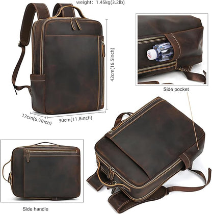 LUUFAN Genuine Leather Shoulder Bag for Men, Casual Backpack Laptop Rucksack Business Daypack Travel Outdoor Bag, Brown