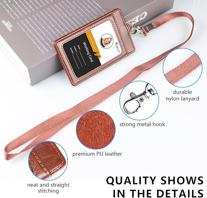 Teskyer Badge Holder with Lanyard, Leather ID Name Badge Card Holder with Lanyard for ID Badges, Vertical Brown