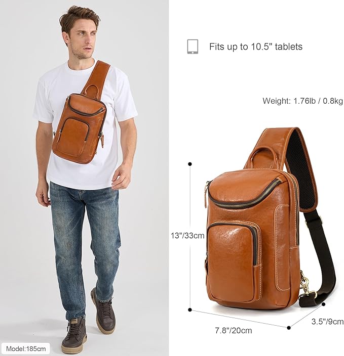 LANNSYNE Full Grain Leather Sling Bag For Men, Crossbody Chest Daypack Fits 10.5" iPad, Men’s Crossbody Bag