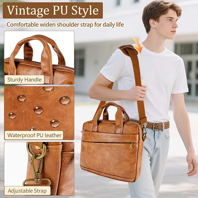 Faux Leather Messenger Bag for Men 15.6 Inch: Laptop Bag Briefcase Computer Handbags Shoulder Crossbody Bag with Padded Laptop Sleeve for Work College Travel, PU Brown