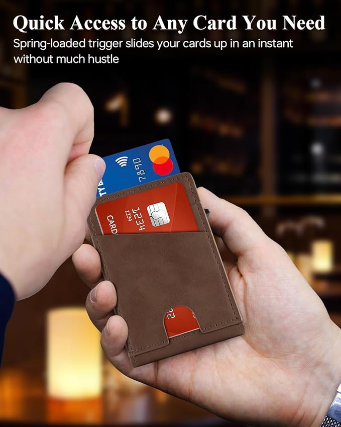 HITTIONA Minimalist Slim Wallet for Men - Mens Wallets Leather with POP UP Card Holder Wallet Fits Front Pocket, RFID Blocking Bifold Men`s Wallets with Metal Money Clip and Box