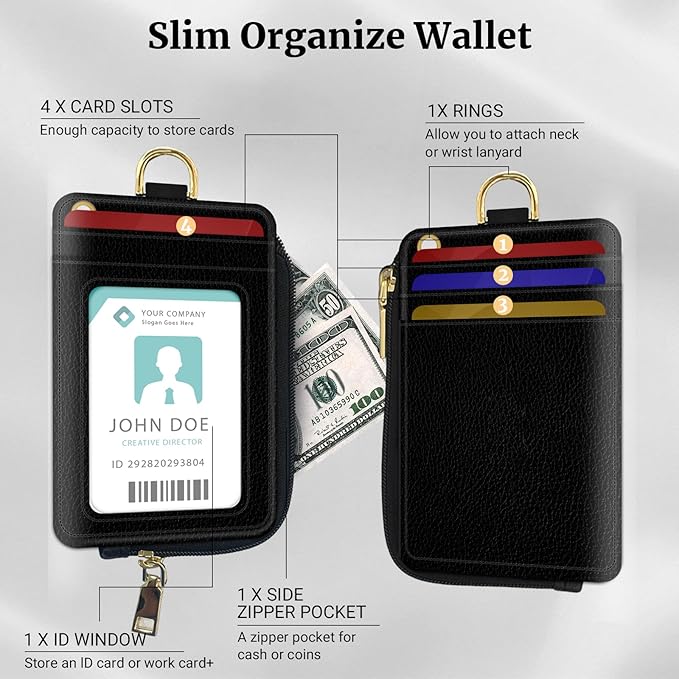 2-in-1 ID Badge Holder & Lanyard Wallet,Multi Use Womens Small Wallet with Zipper Pocket for Women Men with Wristlet and Neck Lanyard 5 Card Slots Work Essential (Black)