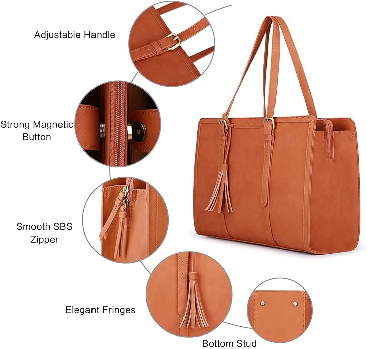 ECOSUSI Laptop Bag For Women 15.6 Inch Work Tote Bags PU Leather Computer Purse For Business Office With 3 Layer Compartments