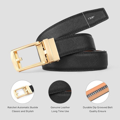 GAEKEAO Ratchet Belt for Men Genuine Leather 1 3/8" - Micro-Adjust Buckle Trim to Fit Dress Belt Casual to Formal Gift Boxed