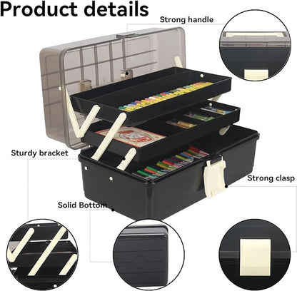 WEWLINE 13-Inch Art Storage Box 3-Layers Plastic Storage Box with Handle Craft Art Bin Portable for Home School Office Travel, Black