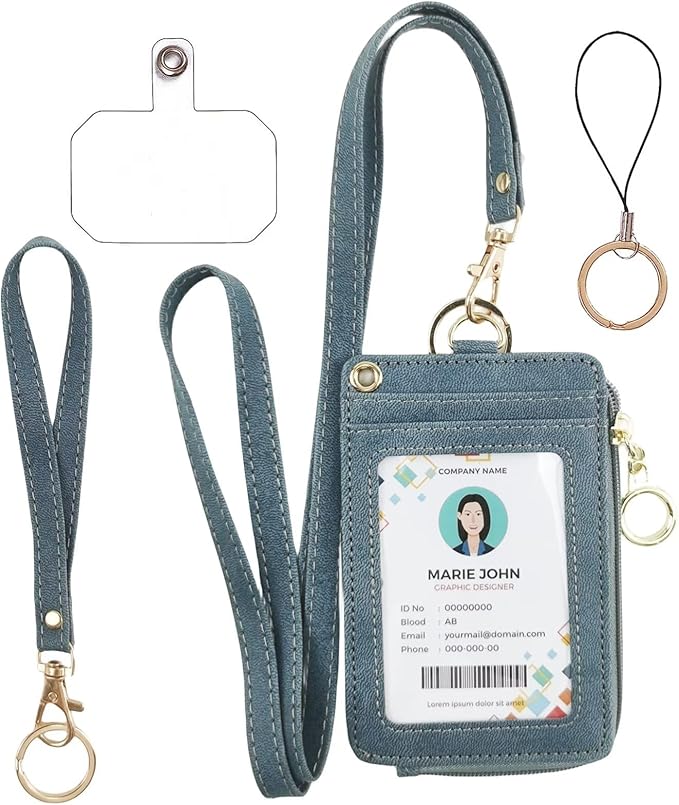 bolimoss Blue Lanyard Wallet for ID Badges with Long Neck Lanyards and Wristlet Strap, Badge Holder Case with Zipper Pocket for Offices ID, School ID, Driver Licence,Travel Cruise Ship Cards