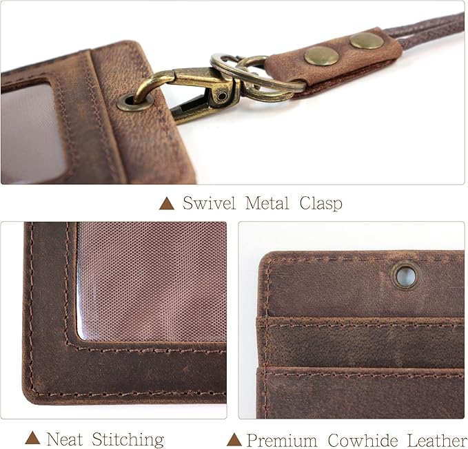 Office Badge Holder - Boshiho Genuine Leather Credit ID Card Holder with Neck Lanyard Pen Clip Vertical Style (Dark Brown)