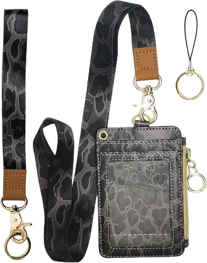 bolimoss Cheetah Badge Holder with Lanyard,Lanyards for ID Badges,Leopard Print Zip Id Case and Lanyard Women Wallet Vertical Card Protector Cover Case for Work Nurse Medical Doctor Student Teacher