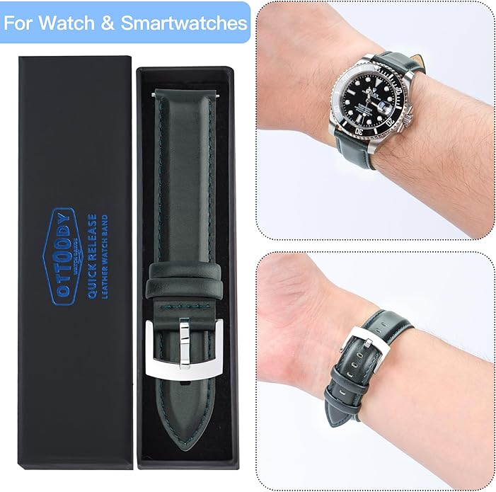 OTTOODY Leather Watch Bands Quick Release, Elegant Top Grain Leather Watch Straps for Men & Women, Choice of Color & Width - 18mm, 19mm, 20mm, 21mm or 22mm Wristbands Bracelet for Watch & Smartwatch