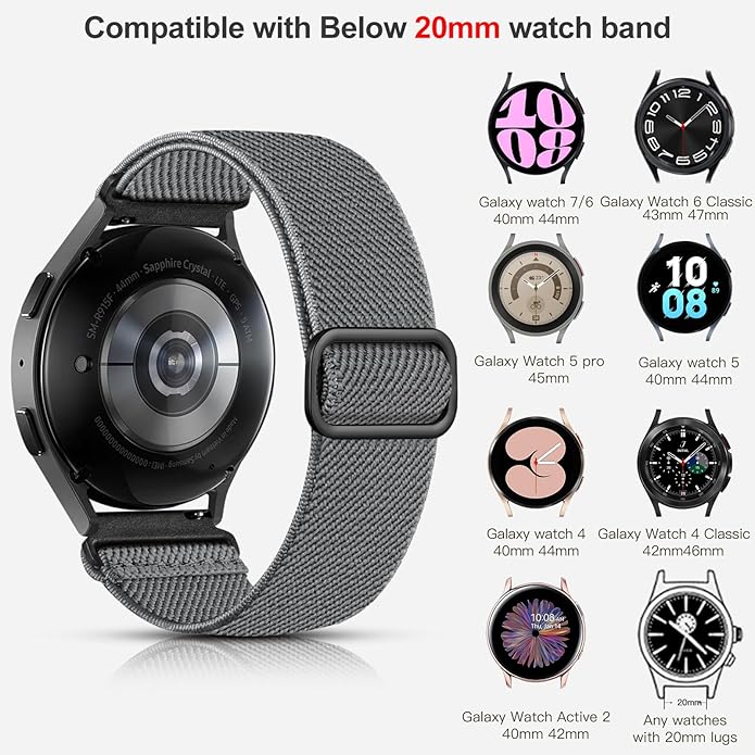 Lerobo Elastic Bands Compatible with Samsung Galaxy Watch 8 7 6 5 4 40mm 44mm/Galaxy Watch 8 Classic 6 4 Classic 43mm 47mm 42mm 46mm/5 Pro Band 45mm/Active 2,3 Pack 20mm Adjustable Nylon Sport Band