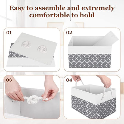 Fab totes Storage Bins [4-Pack], Foldable Storage Baskets for Organizing Toys, Books, Shelves, Closet, Large Storage Box with Rope Handles, Sturdy Organizer Bins,Clover Grey