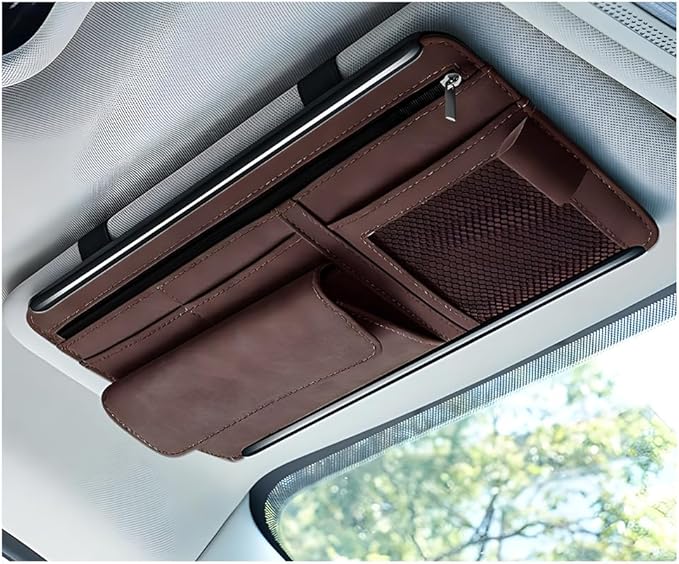 Yourkar Car Sun Visor Organizer, Soft Leather Surface Eyeglasses Note Card Holder Car Storage Bag, Scratch-Resistant Waterproof Auto Sunshade Organizer Bag, Car Accessories (Brown)