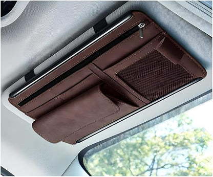 Yourkar Car Sun Visor Organizer, Soft Leather Surface Eyeglasses Note Card Holder Car Storage Bag, Scratch-Resistant Waterproof Auto Sunshade Organizer Bag, Car Accessories (Brown)