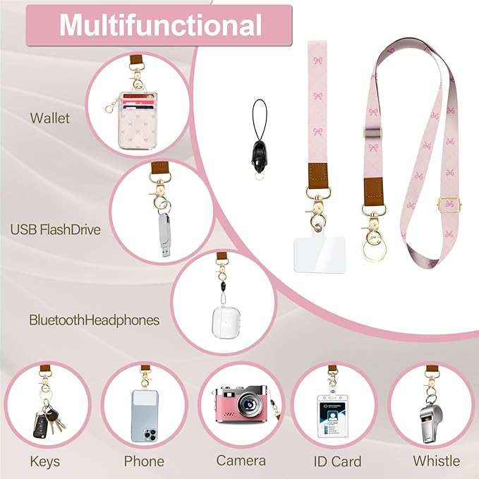 Pink Bow Lanyard Wallet with ID Badge Holder Watercolour PU Leather ID Badge Holder with Keychain Phone Lanyard Wrist Strap, RFID Blocking for Office School Business Women
