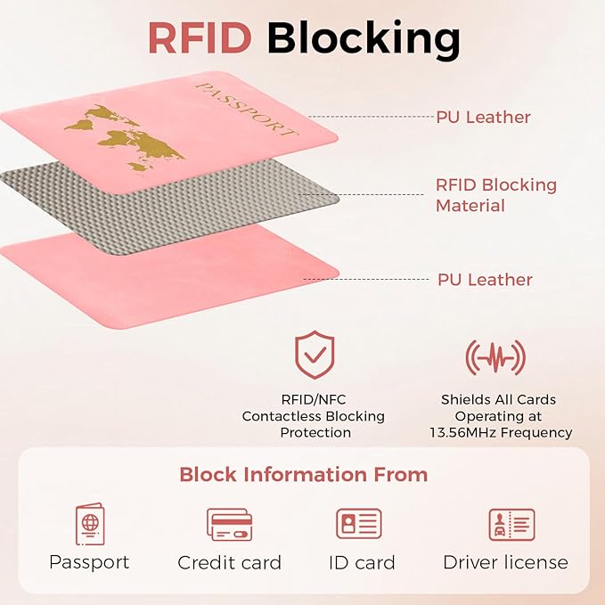 Passport Holder for Travel Women Men - Passport Cover Wallet with Airtag Slot - RFID Blocking PU Leather Passport Holder Case with Card Holder, Pen Slot - Pink