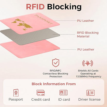 Passport Holder for Travel Women Men - Passport Cover Wallet with Airtag Slot - RFID Blocking PU Leather Passport Holder Case with Card Holder, Pen Slot - Pink