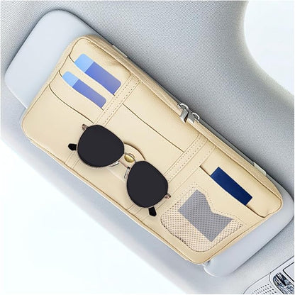 Car Sun Visor Organizer, Multi-Pocket Leather Vehicle Visor Storage Pouch & Sunglasses Holder, Auto Interior Document Card Holder with Double Zipper, Universal for Truck SUV Sedan (Beige)
