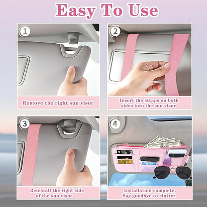Sun Visor Organizer (Pink),Car Visor Storage Holder for Sunglasses, Documents, Cards & Pen,Zipper Pocket,Fits Sedans, Trucks, SUVs,Auto Interior Accessory