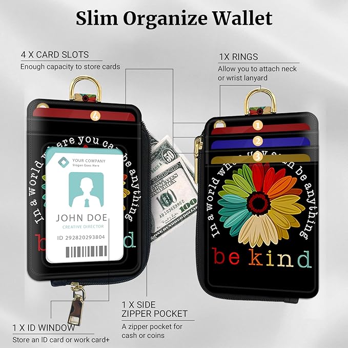 2-in-1 ID Badge Holder & Lanyard Wallet,Multi Use Womens Small Wallet with Zipper Pocket for Women Men with Wristlet and Neck Lanyard 5 Card Slots Work Essential (Be Kind)