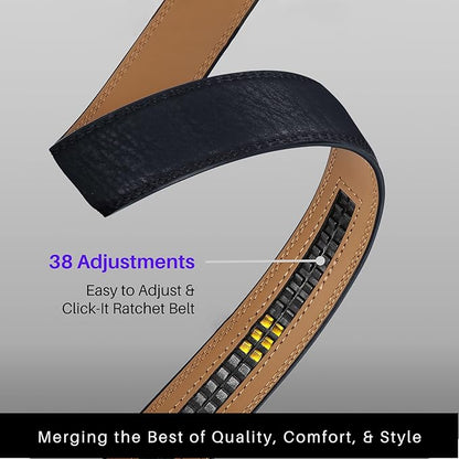 Marino Avenue Ratchet Belt for Men. Adjustable Leather Dress Belt with 38 Easy to Click Into Place Ratchet Closures.