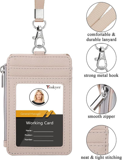 Teskyer Badge Holder with Side Zip Pocket, Multiple Card Slots Leather ID Holder Wallet with Neck Lanyard for Office Staffs, Teachers/Students, Workers, Cruise Cards, Bus/Metro Cards, Lichee Beige
