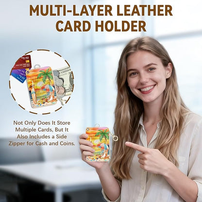 Tropical Leather Badge Holder with Zipper Pocket, Beautiful Work Lanyards and 1 Zip Pocket, 4 Card Slots, Breakaway Lanyards with Metal Clasp for Offices, Staff, Adult, Employees