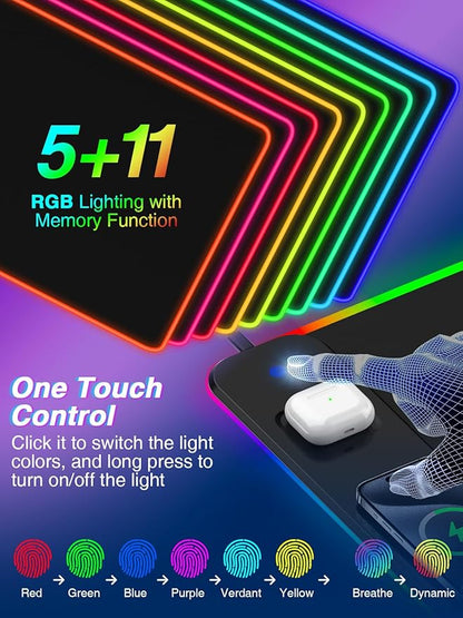 Magnetic Charging Mouse Pad 31.5x15.75, 15W Fast Wireless Charging Desk Mat, XXL Desk Pad RGB Gaming Mousepad, Home Office Large Keyboard Pad with Ultra-Smooth Surface, Non-Slip Base