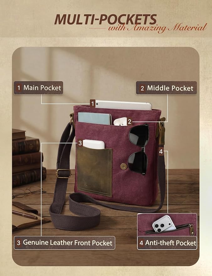 VASCHY Small Messenger Bag, Vintage Canvas Leather Lightweight Crossbody Bag
