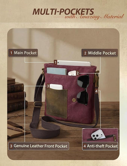 VASCHY Small Messenger Bag, Vintage Canvas Leather Lightweight Crossbody Bag