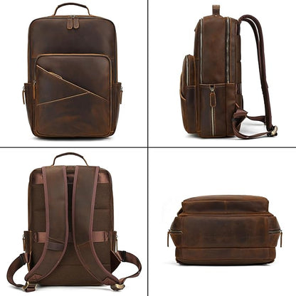 Vintage Full Grain Leather Backpack for Men, 16" Laptop Rucksack For Men Hiking Trave Work Business Bag, Brown