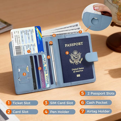 Melsbrinna Premium Leather Passport Holder Covers Case, Waterproof Rfid Blocking Travel Wallet Passport Holder with Pen Holder, Cute Passport Book for Women/Men