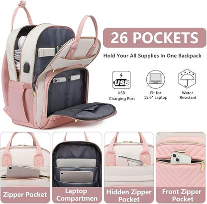 bagswan Laptop Backpack for Women Work - 15.6 Inch Travel Backpack Fashion Work Business Backpacks Purse Warterproof College Teacher Nurse Computer Daypack Beige Pink