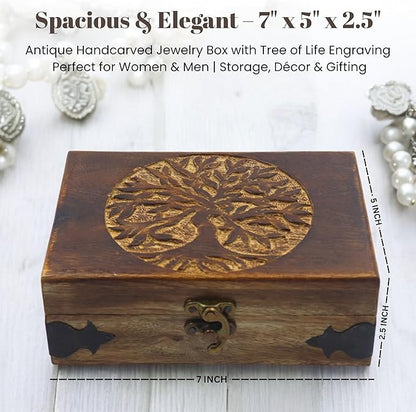 Handmade Wooden Jewelry Box with Tree of Life Engraving – Antique Handcarved Keepsake Organizer for Women & Men | Solid Wood Storage Box for Jewelry, Trinkets, Gifts & Home Décor