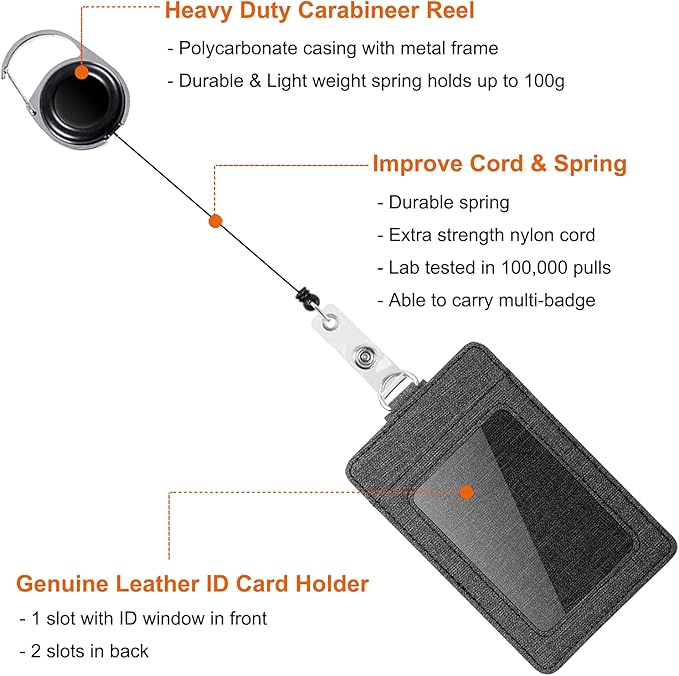 Life-Mate Badge Holder - Leather ID Card Holder Wallet Case with 3 Cards Slot and Neck Lanyard/Strap. Additional Retractable Badge Reel with Belt Clip (Black, Linen Finish)